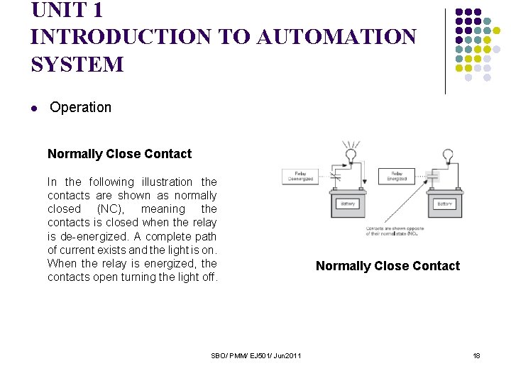 UNIT 1 INTRODUCTION TO AUTOMATION SYSTEM l Operation Normally Close Contact In the following