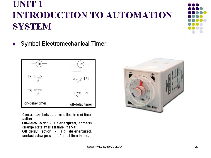 UNIT 1 INTRODUCTION TO AUTOMATION SYSTEM l Symbol Electromechanical Timer Contact symbols determine the