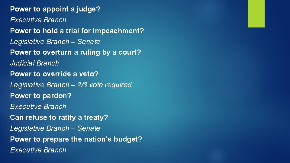 Power to appoint a judge? Executive Branch Power to hold a trial for impeachment?