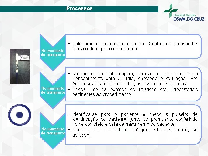 Processos No momento do transporte • Colaborador da enfermagem da realiza o transporte do