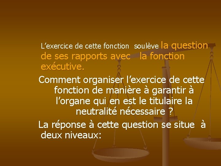 L’exercice de cette fonction soulève la question de ses rapports avec la fonction exécutive.