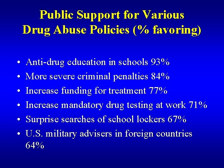 Public Support for Various Drug Abuse Policies (% favoring) • • • Anti-drug education