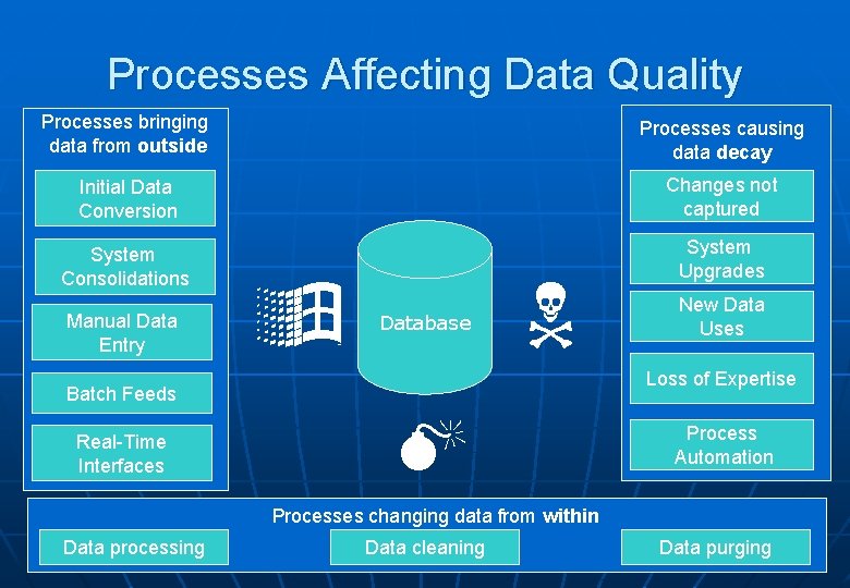 Processes Affecting Data Quality Processes bringing data from outside Processes causing data decay Initial