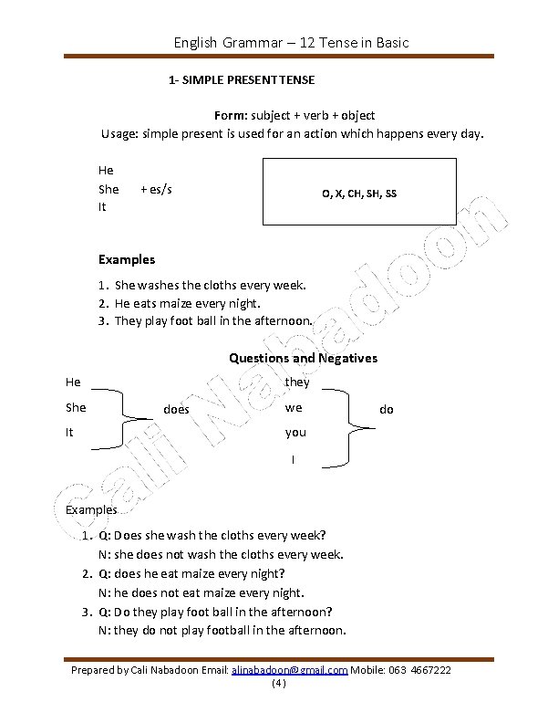 English Grammar – 12 Tense in Basic 1 - SIMPLE PRESENT TENSE Form: subject