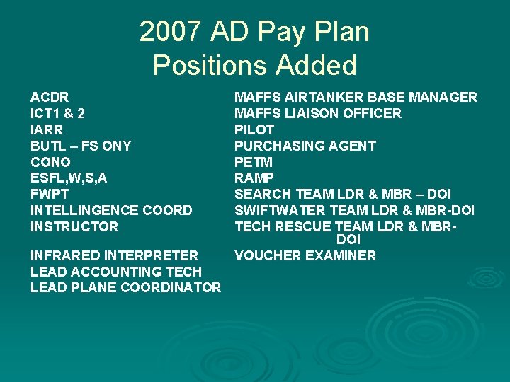 2007 AD Pay Plan Positions Added ACDR ICT 1 & 2 IARR BUTL –