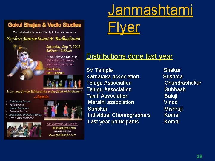Janmashtami Flyer Distributions done last year SV Temple Karnataka association Telugu Association Tamil Association