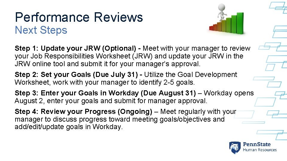 Performance Reviews Next Steps Step 1: Update your JRW (Optional) - Meet with your