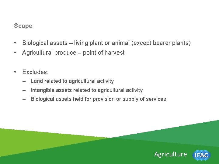 Scope • Biological assets – living plant or animal (except bearer plants) • Agricultural