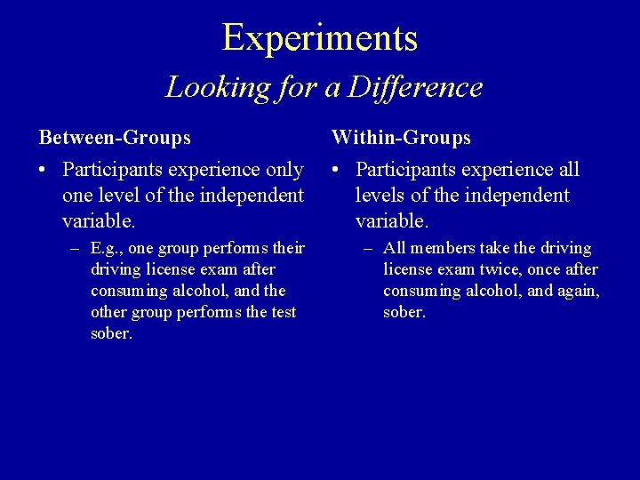 Experiments Looking for a Difference Between-Groups Within-Groups • Participants experience only one level of