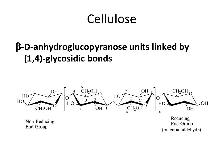 Cellulose b-D-anhydroglucopyranose units linked by (1, 4)-glycosidic bonds 