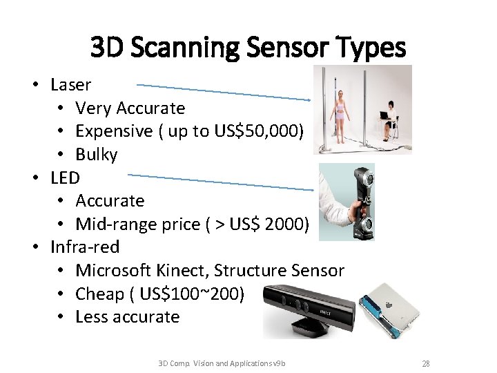 3 D Scanning Sensor Types • Laser • Very Accurate • Expensive ( up