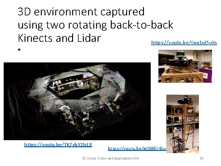 3 D environment captured using two rotating back-to-back Kinects and Lidar https: //youtu. be/6