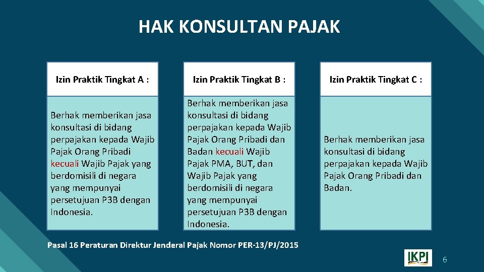 HAK KONSULTAN PAJAK Izin Praktik Tingkat A : Izin Praktik Tingkat B : Izin