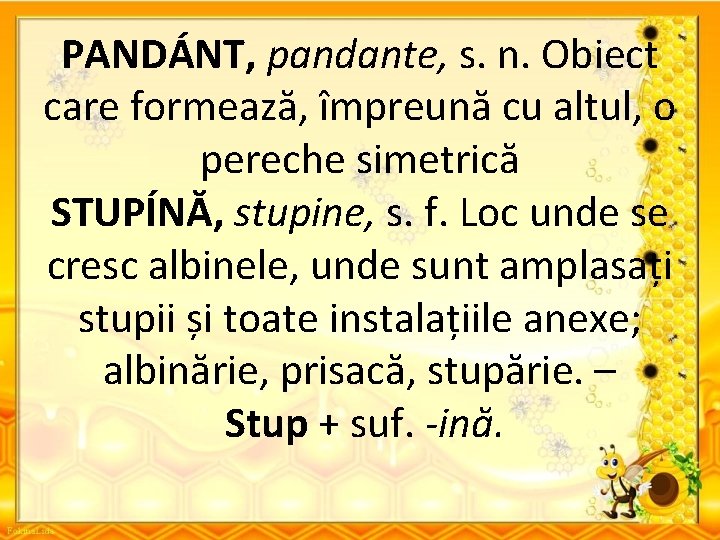 PANDÁNT, pandante, s. n. Obiect care formează, împreună cu altul, o pereche simetrică STUPÍNĂ,