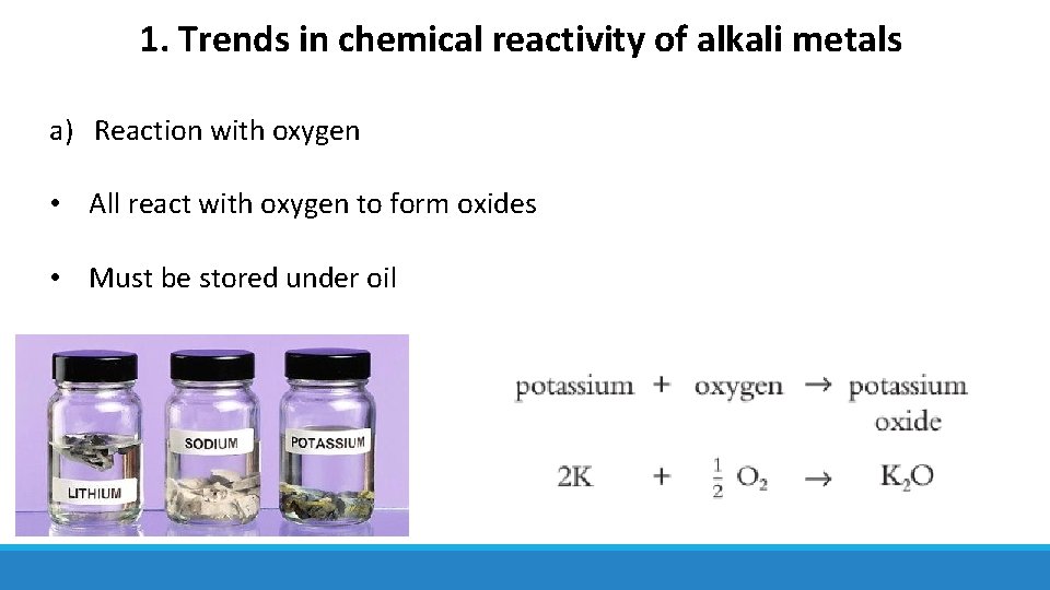 1. Trends in chemical reactivity of alkali metals a) Reaction with oxygen • All