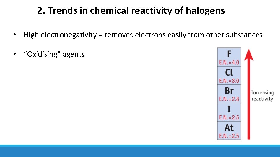 2. Trends in chemical reactivity of halogens • High electronegativity = removes electrons easily
