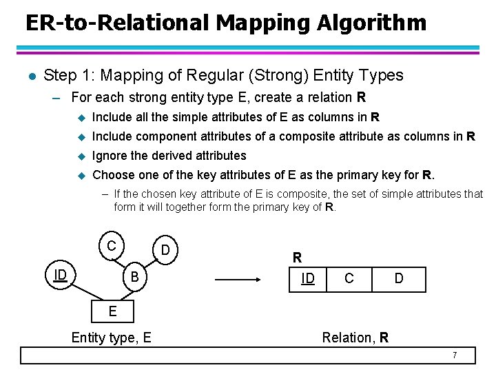 ER-to-Relational Mapping Algorithm l Step 1: Mapping of Regular (Strong) Entity Types – For