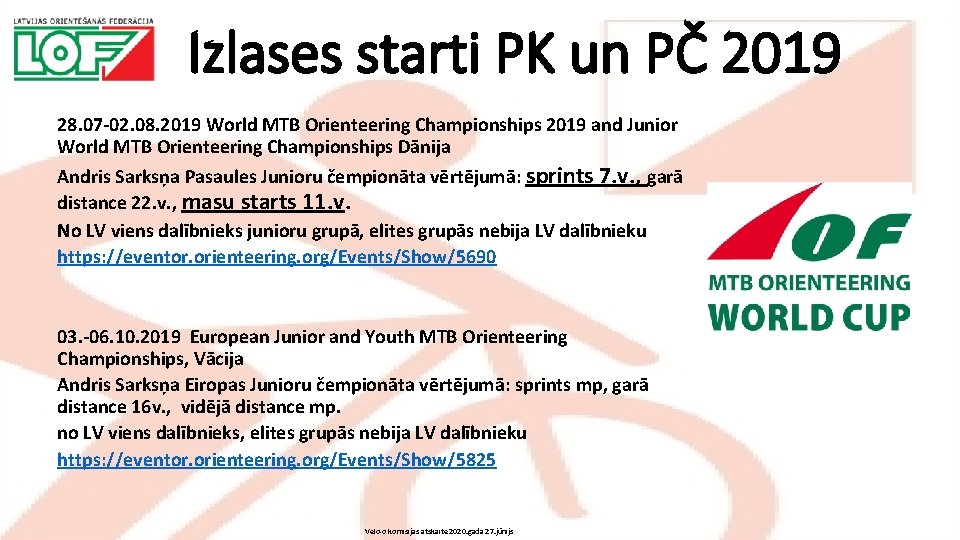 Izlases starti PK un PČ 2019 28. 07 -02. 08. 2019 World MTB Orienteering