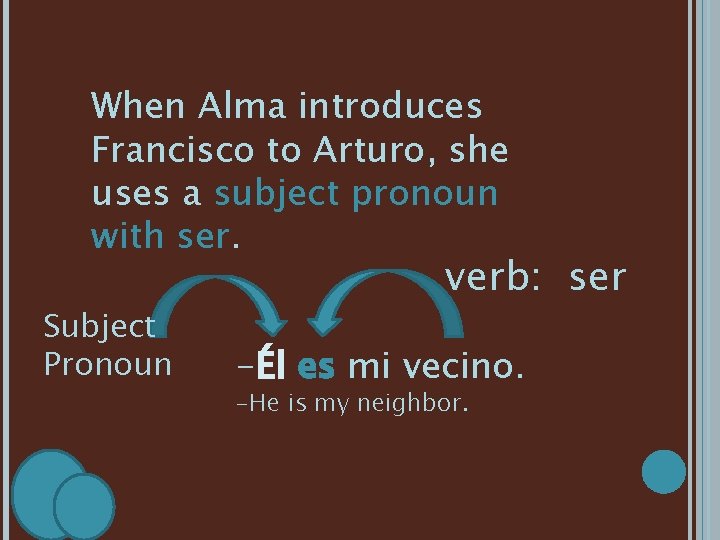 When Alma introduces Francisco to Arturo, she uses a subject pronoun with ser. Subject