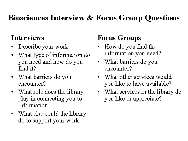 Biosciences Interview & Focus Group Questions Interviews Focus Groups • Describe your work •