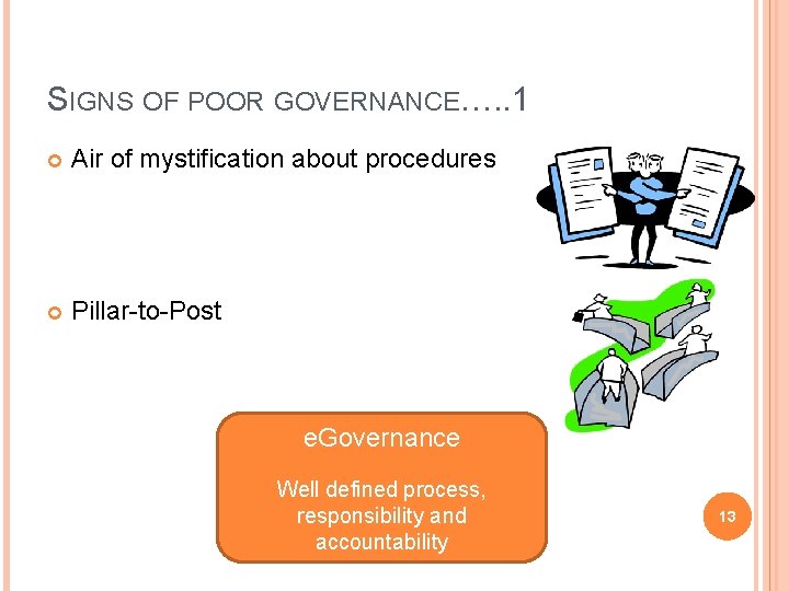 SIGNS OF POOR GOVERNANCE…. . 1 Air of mystification about procedures Pillar-to-Post e. Governance