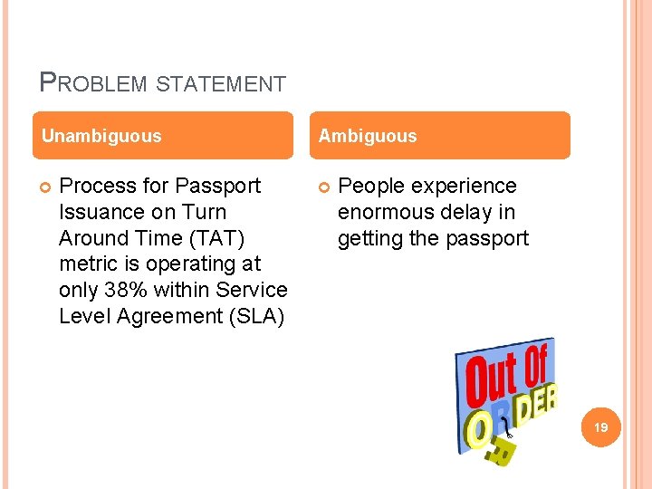 PROBLEM STATEMENT Unambiguous Process for Passport Issuance on Turn Around Time (TAT) metric is