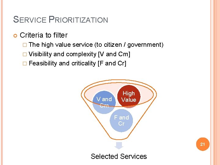 SERVICE PRIORITIZATION Criteria to filter � The high value service (to citizen / government)