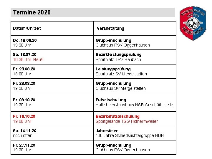 Termine 2020 Datum/Uhrzeit Veranstaltung Do. 18. 06. 20 19: 30 Uhr Gruppenschulung Clubhaus RSV