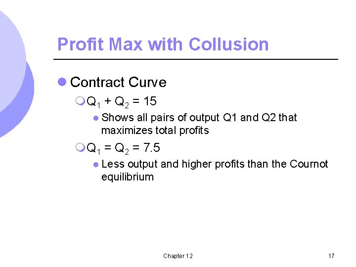 Profit Max with Collusion l Contract Curve m. Q 1 + Q 2 =