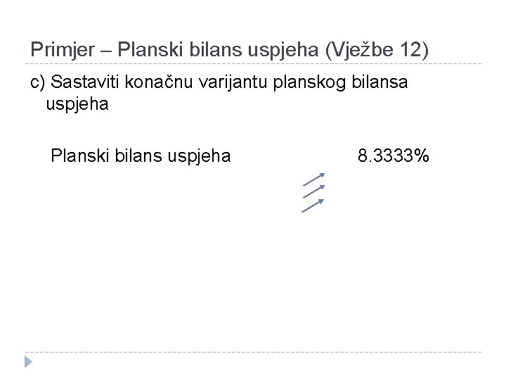 Primjer – Planski bilans uspjeha (Vježbe 12) c) Sastaviti konačnu varijantu planskog bilansa uspjeha