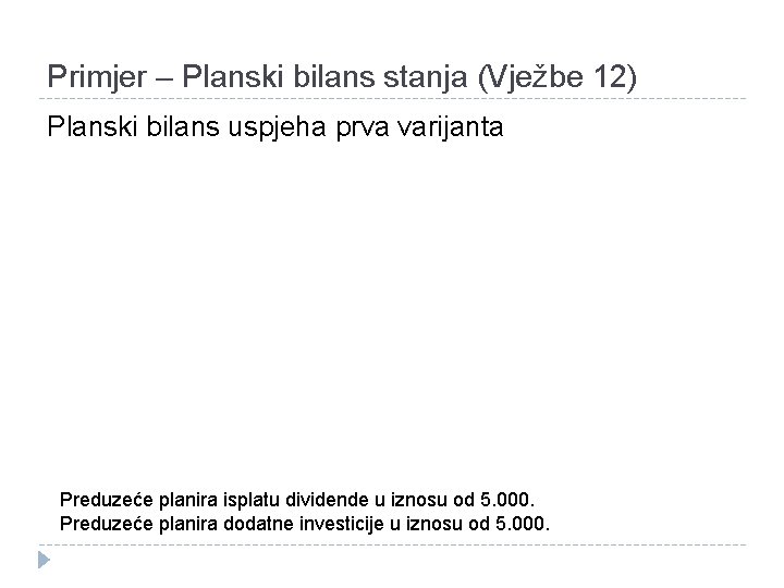 Primjer – Planski bilans stanja (Vježbe 12) Planski bilans uspjeha prva varijanta Preduzeće planira