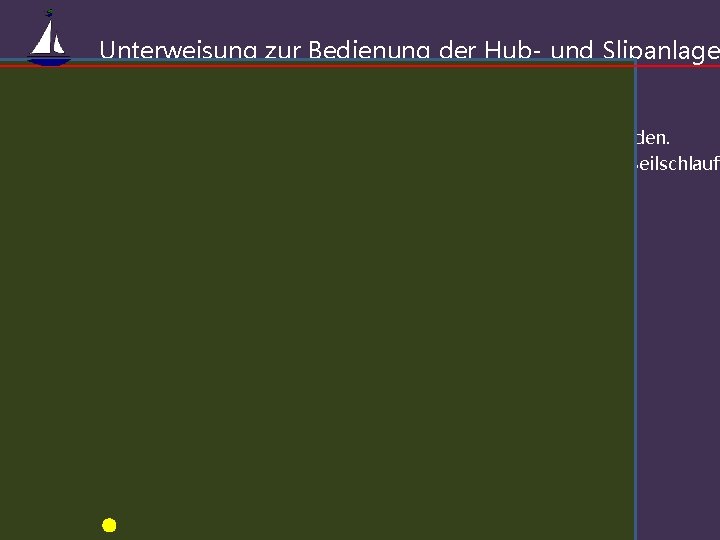 Unterweisung zur Bedienung der Hub- und Slipanlage Bedienung des Slipwagens Die Gurte dürfen nicht