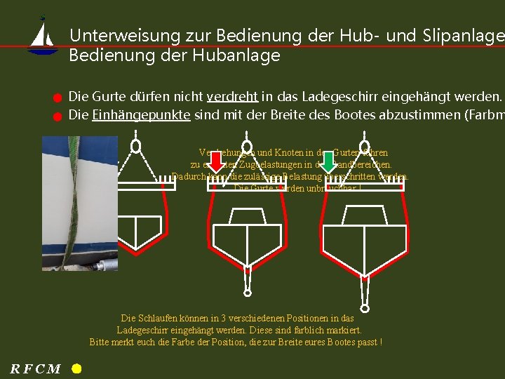 Unterweisung zur Bedienung der Hub- und Slipanlage Bedienung der Hubanlage Die Gurte dürfen nicht