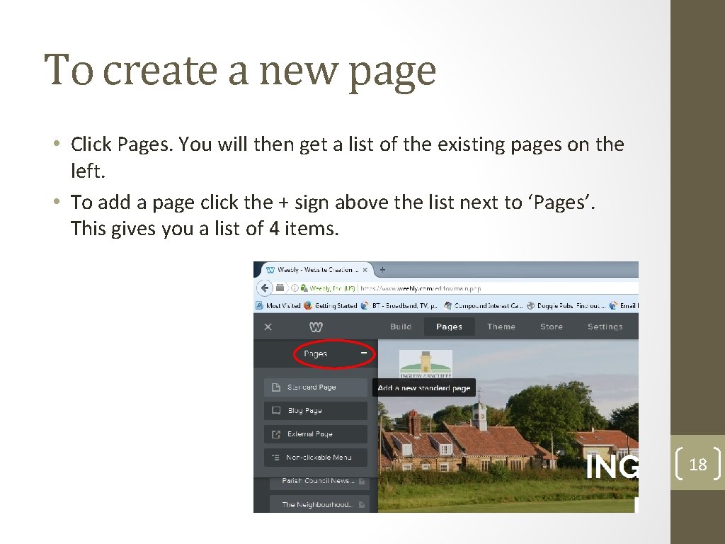 To create a new page • Click Pages. You will then get a list