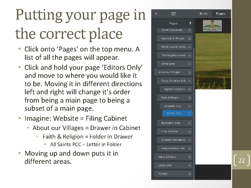 Putting your page in the correct place • Click onto ‘Pages’ on the top