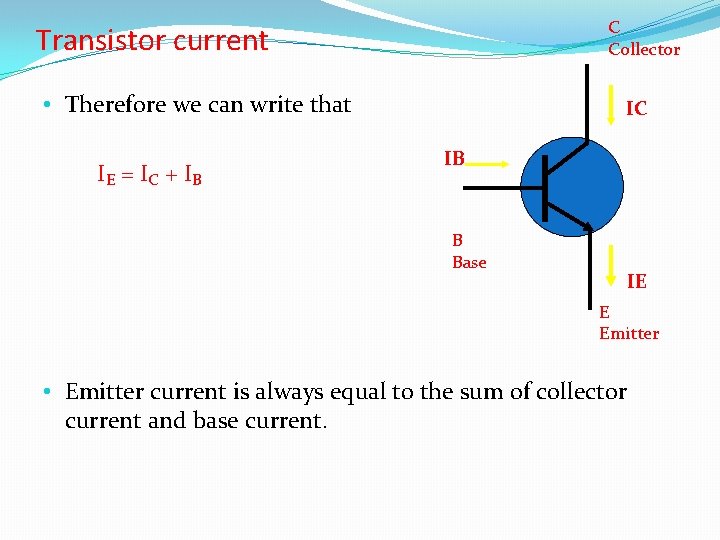 C Collector Transistor current • Therefore we can write that IE = I C