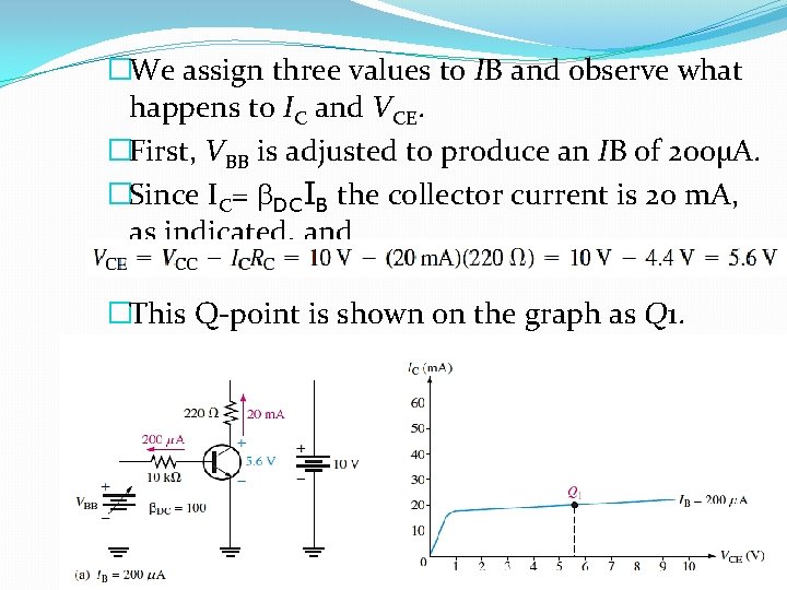�We assign three values to IB and observe what happens to IC and VCE.