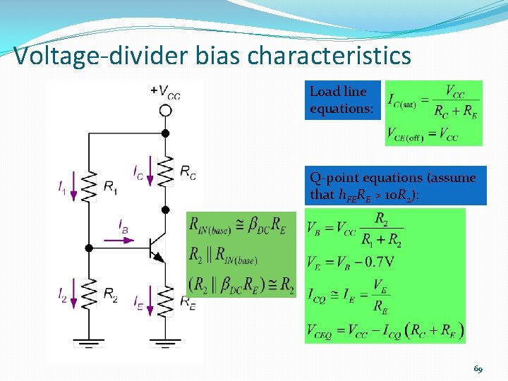 Voltage-divider bias characteristics Load line equations: Q-point equations (assume that h. FERE > 10