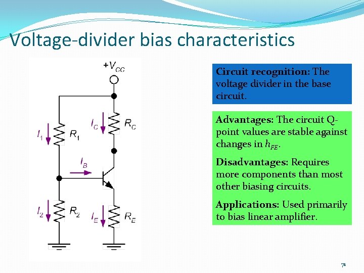 Voltage-divider bias characteristics Circuit recognition: The voltage divider in the base circuit. Advantages: The