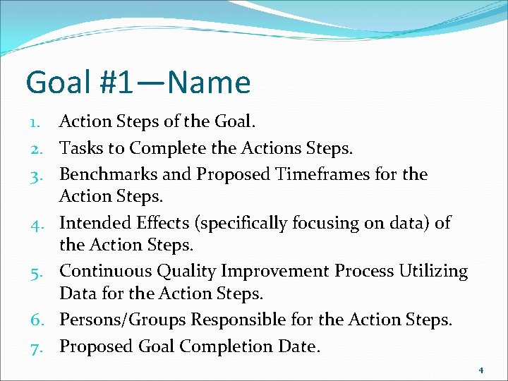 Goal #1—Name 1. Action Steps of the Goal. 2. Tasks to Complete the Actions