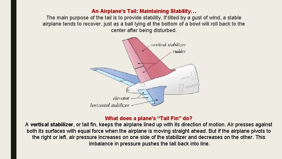 An Airplane’s Tail: Maintaining Stability… The main purpose of the tail is to provide