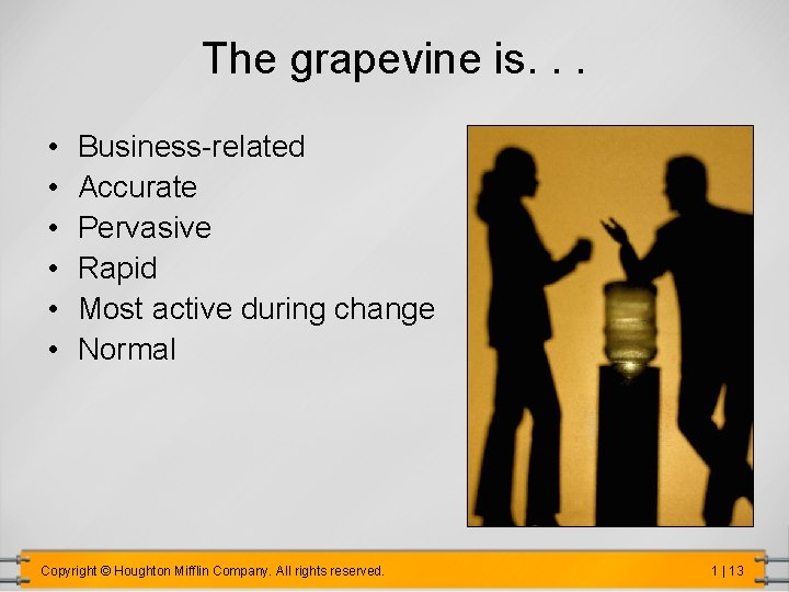 The grapevine is. . . • • • Business-related Accurate Pervasive Rapid Most active