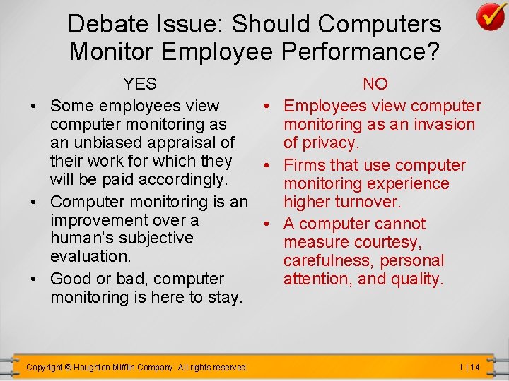 Debate Issue: Should Computers Monitor Employee Performance? YES NO • Some employees view •