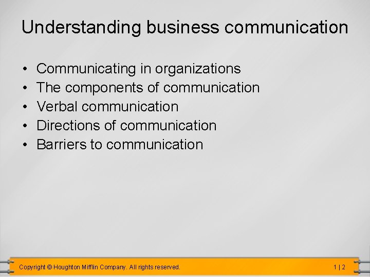 Understanding business communication • • • Communicating in organizations The components of communication Verbal