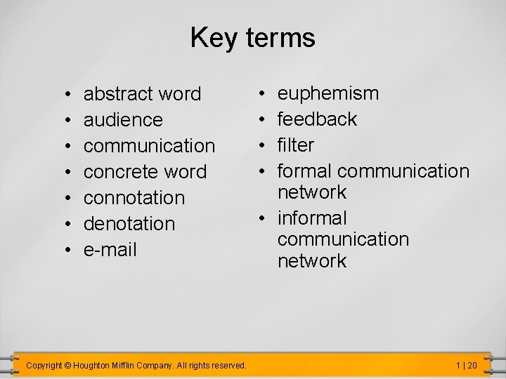 Key terms • • abstract word audience communication concrete word connotation denotation e-mail Copyright