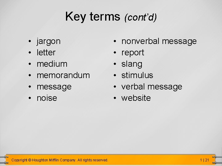 Key terms (cont’d) • • • jargon letter medium memorandum message noise Copyright ©