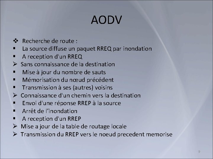 AODV v § § Ø § § § Ø Ø Recherche de route :