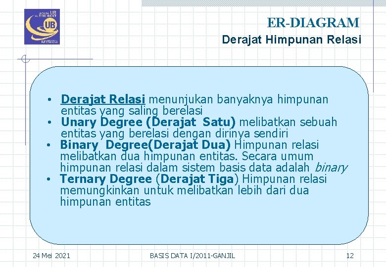 ER-DIAGRAM Derajat Himpunan Relasi • Derajat Relasi menunjukan banyaknya himpunan entitas yang saling berelasi