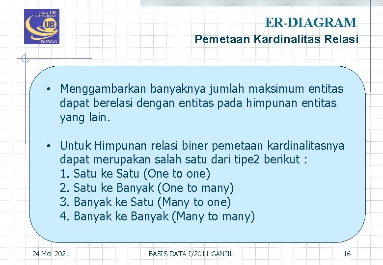 ER-DIAGRAM Pemetaan Kardinalitas Relasi • Menggambarkan banyaknya jumlah maksimum entitas dapat berelasi dengan entitas