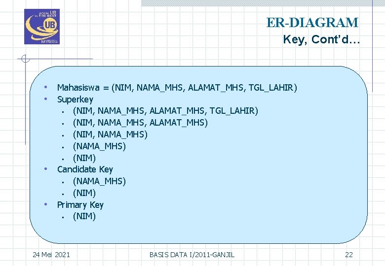 ER-DIAGRAM Key, Cont’d… • Mahasiswa = (NIM, NAMA_MHS, ALAMAT_MHS, TGL_LAHIR) • Superkey (NIM, NAMA_MHS,